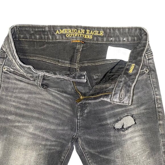 American Eagle Black Distressed Jeans Men's 28x30 Extreme Flex Skinny - Picture 6 of 12